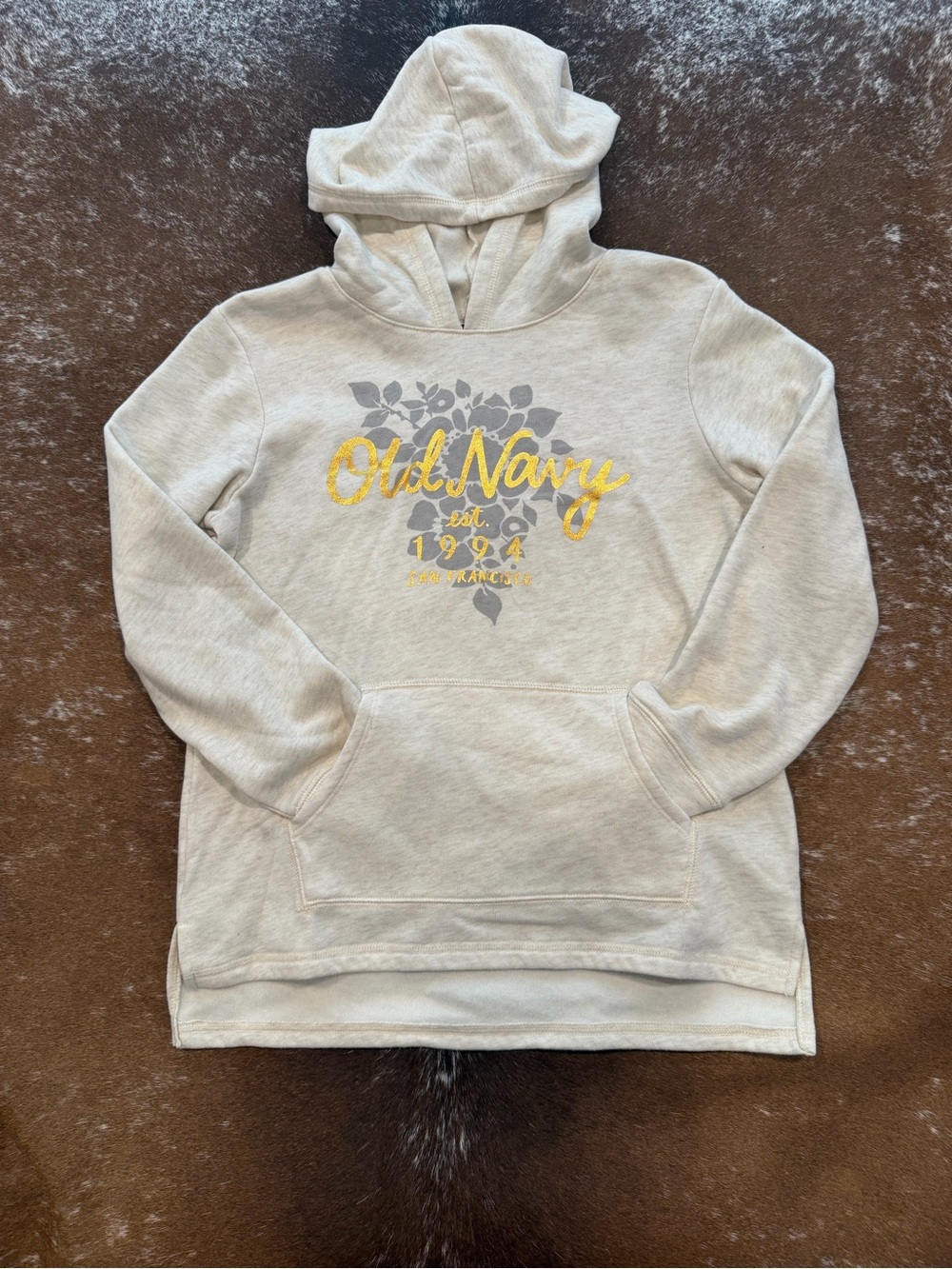 Old Navy Cream Hoodie with Gold Logo and Gray Hawaiian Print Youth Large